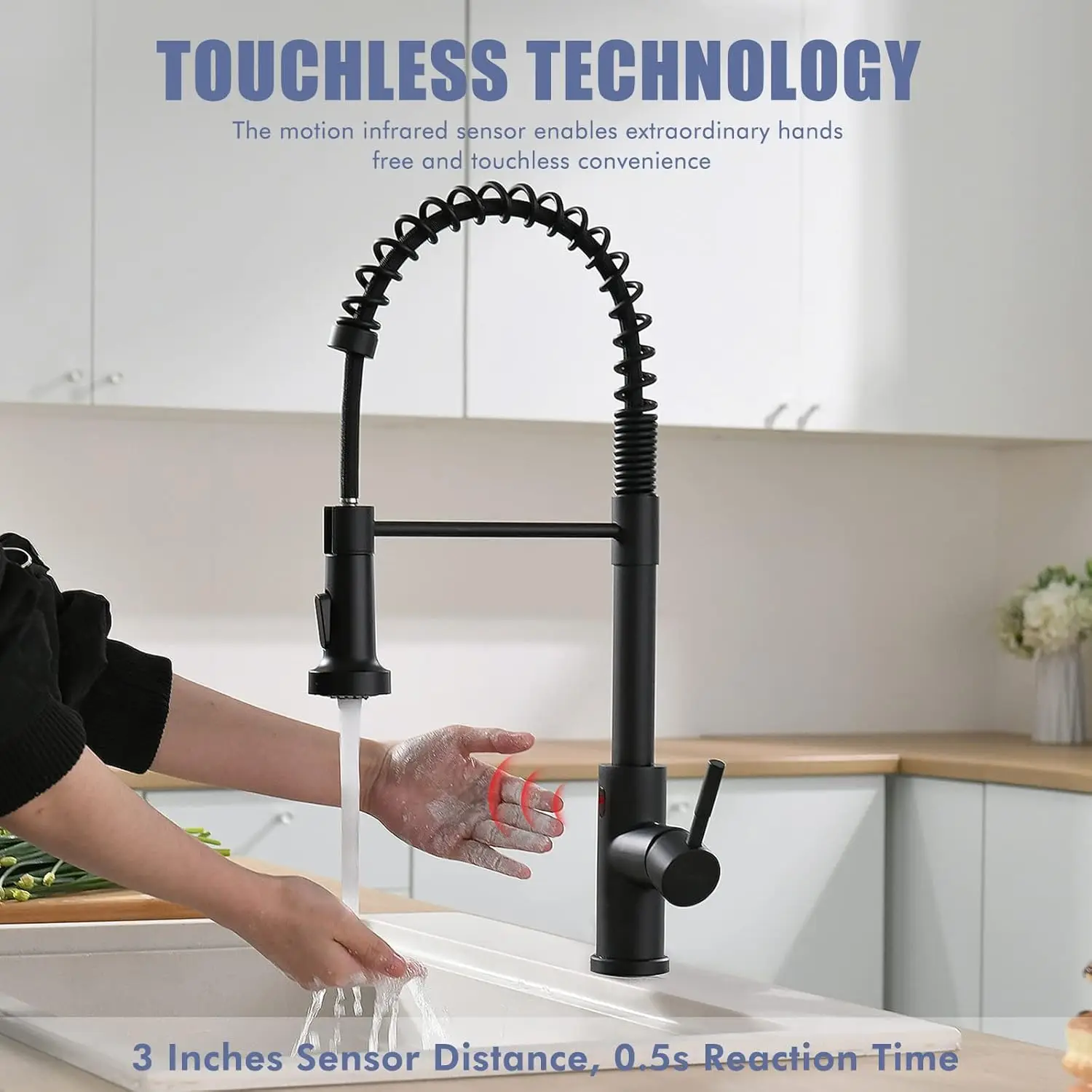 Matte Black Touchless Kitchen Faucet Motion Sensor Activated Smart Hands Free Kitchen Faucets with Pull Down Sprayer