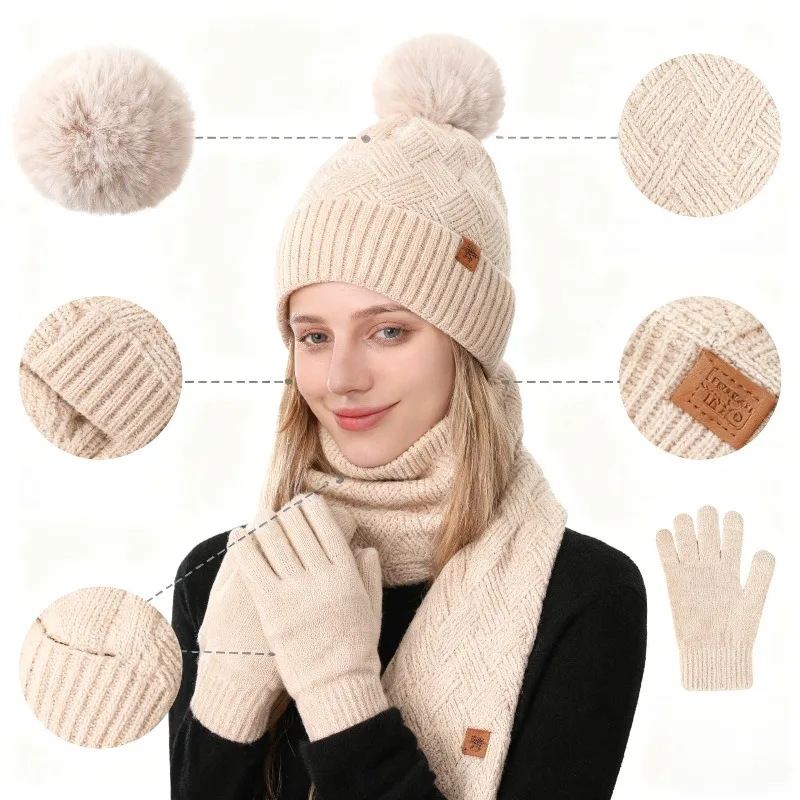 

Зимний вязаный комплект, шапка с помпоном/шарф/перчатки для сенсорного экрана, теплая трикотажная ткань, комбинированные аксессуары для улицы в холодную погоду