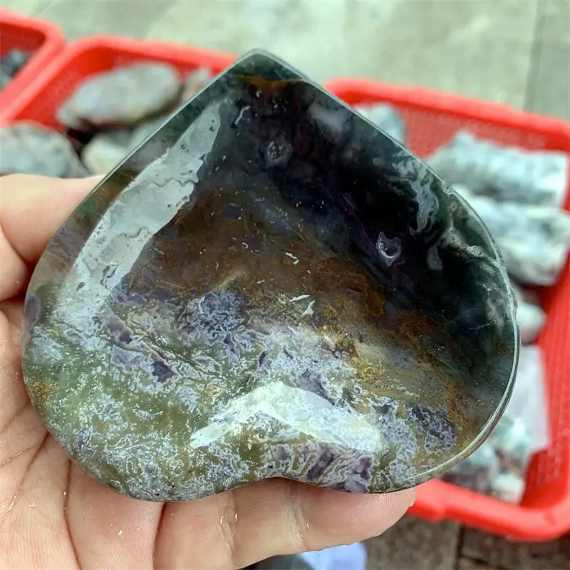 Natural Moss Agate Heart Bowl Carving Healing Gemstones, Home Office Decorations, Room Decor, 1PCS