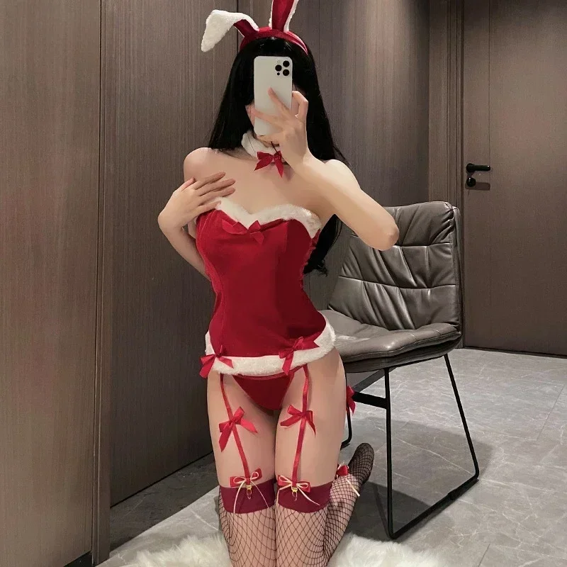 Sexy Lingerie One-piece Velvet Sexy Bunny Uniform Santa Red Christmas Suit New Year's Suit Adult Goods Costume Women's Corset