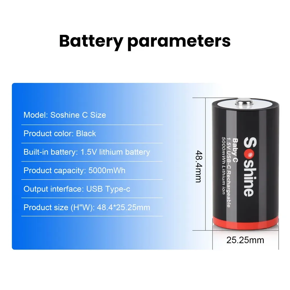 Soshine 5000mwh Lithium USB Rechargeable Batteries C Size 1.5V 5000mwh Battery for  Flashlight Gas Cooker Water Heater Radios