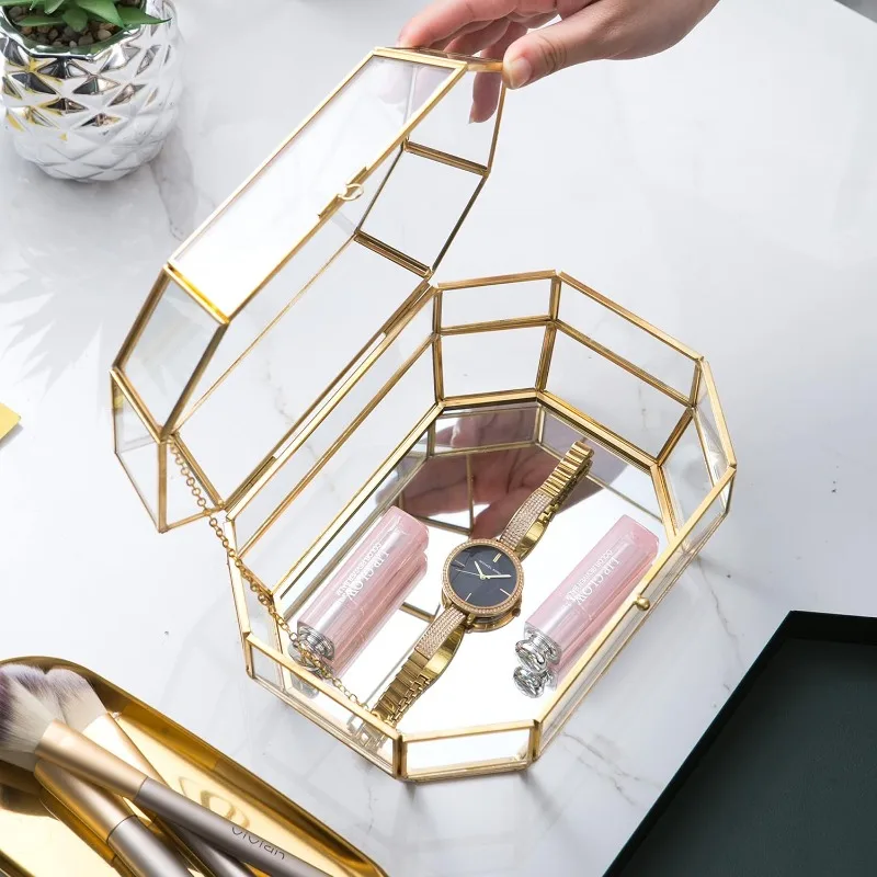 Gold and Clear Jewelry Trinket Box, Glass Decorative Box, Chic Design Storage for Cosmetic/Bracelet/Necklace/Ring, Idea G