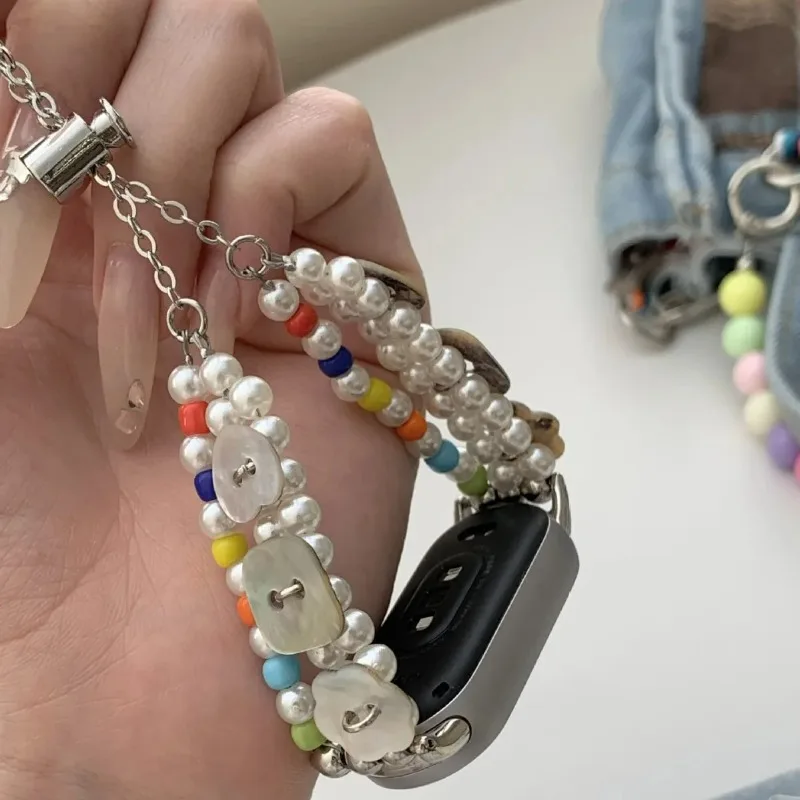 Luxury Pearl Button Beaded Jewelry Wristband for Xiaomi Mi Band 10 9 8 9Pro for Redmi Watch 4 5 Women Metal Watch Strap Bracelet