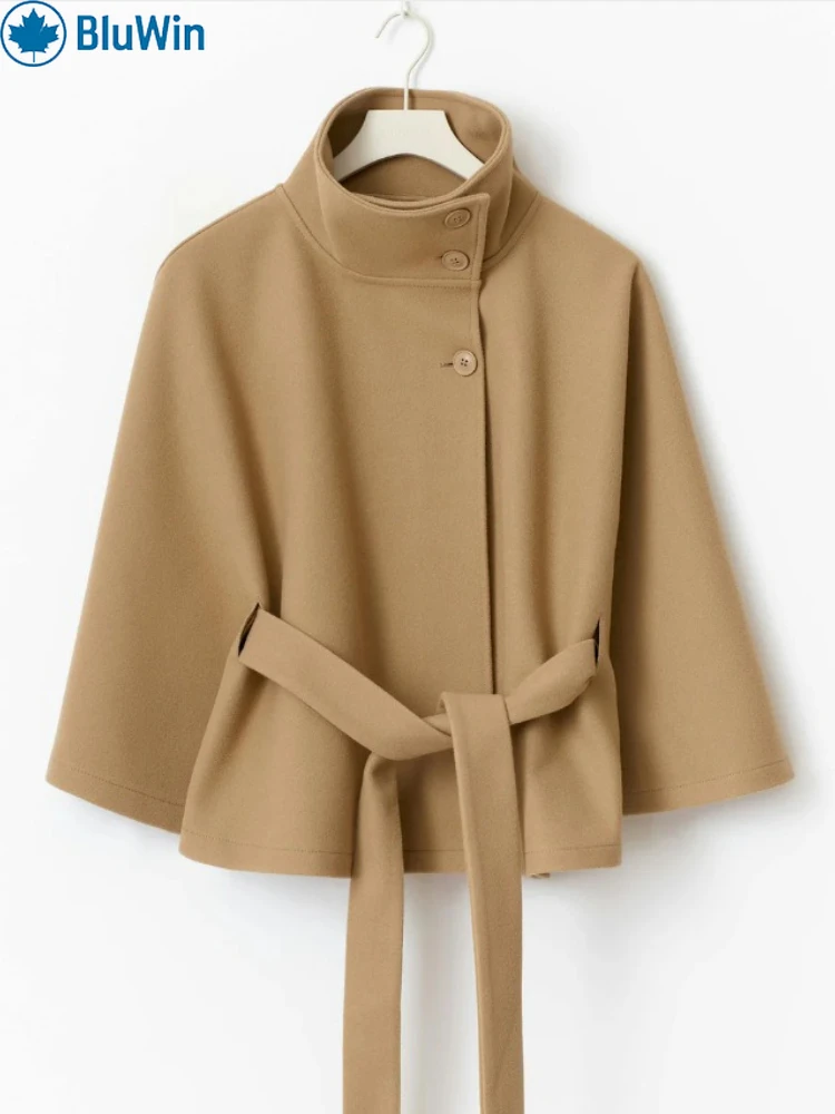 

URBANCHIC 5Colors 2025 Winter Solid Color Cape Trench Coat with Stand Collar & Belt – Fashion Buttoned Poncho Overcoat for Women