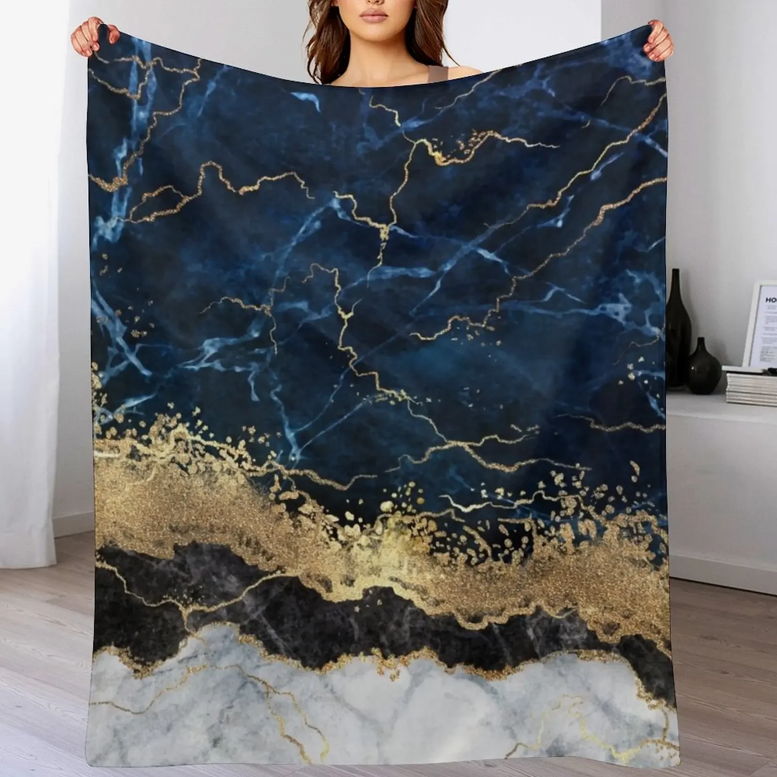 

Abstract Blue, Black and Gold Throw Blanket Luxurious Soft Fuzzy Blanket for Sofa Bed
