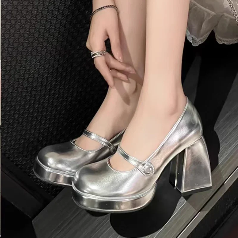 High Heels Mary Janes Shoes Women Silver Party Lolita Shoes Fashion Dress Luxury Chunky Female Elegant Zapatos Pumps