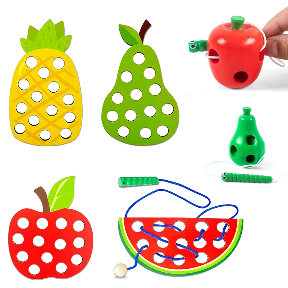 

Wooden Sorting Stacking Toys,Educational Threading Activity Puzzle Fine Motor Toys for Early Development Wood Lacing Apple Fruit