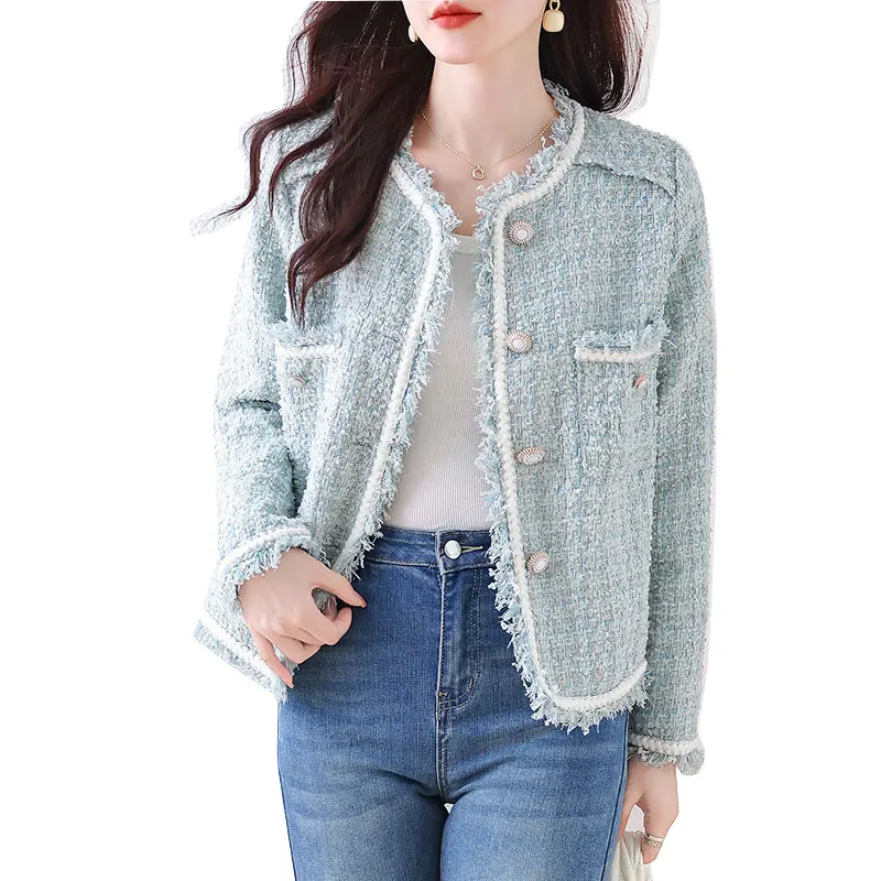 

Mint green women's long sleeved tweed jacket 2024 new autumn/winter small fragrance style pearl button fringed top