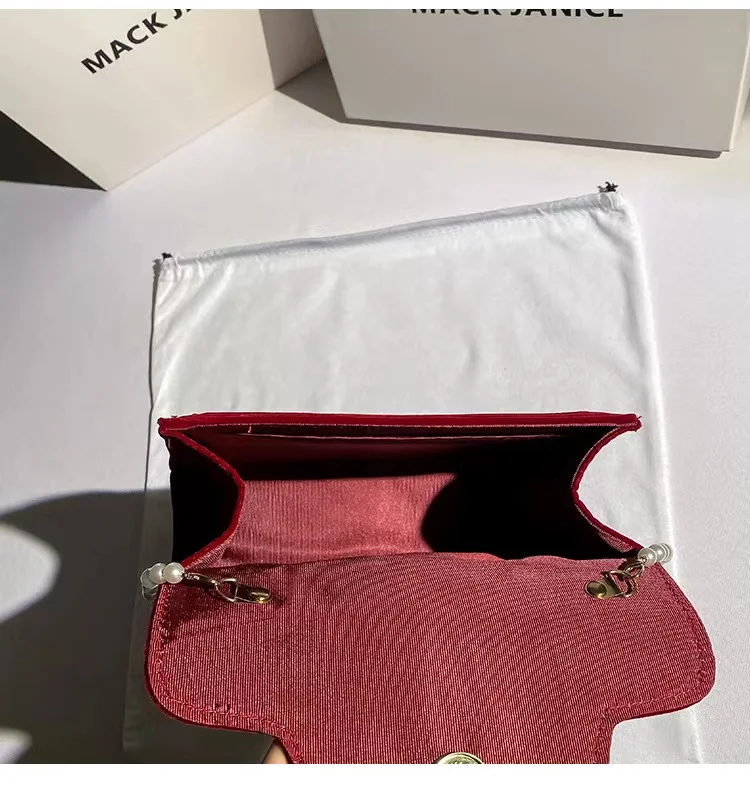 Autumn Velvet Square Bag Women Handbag Sexy Red Pearl Beading Evening Bag Wedding Party Clutch Purse Shoulder Crossbody Bag