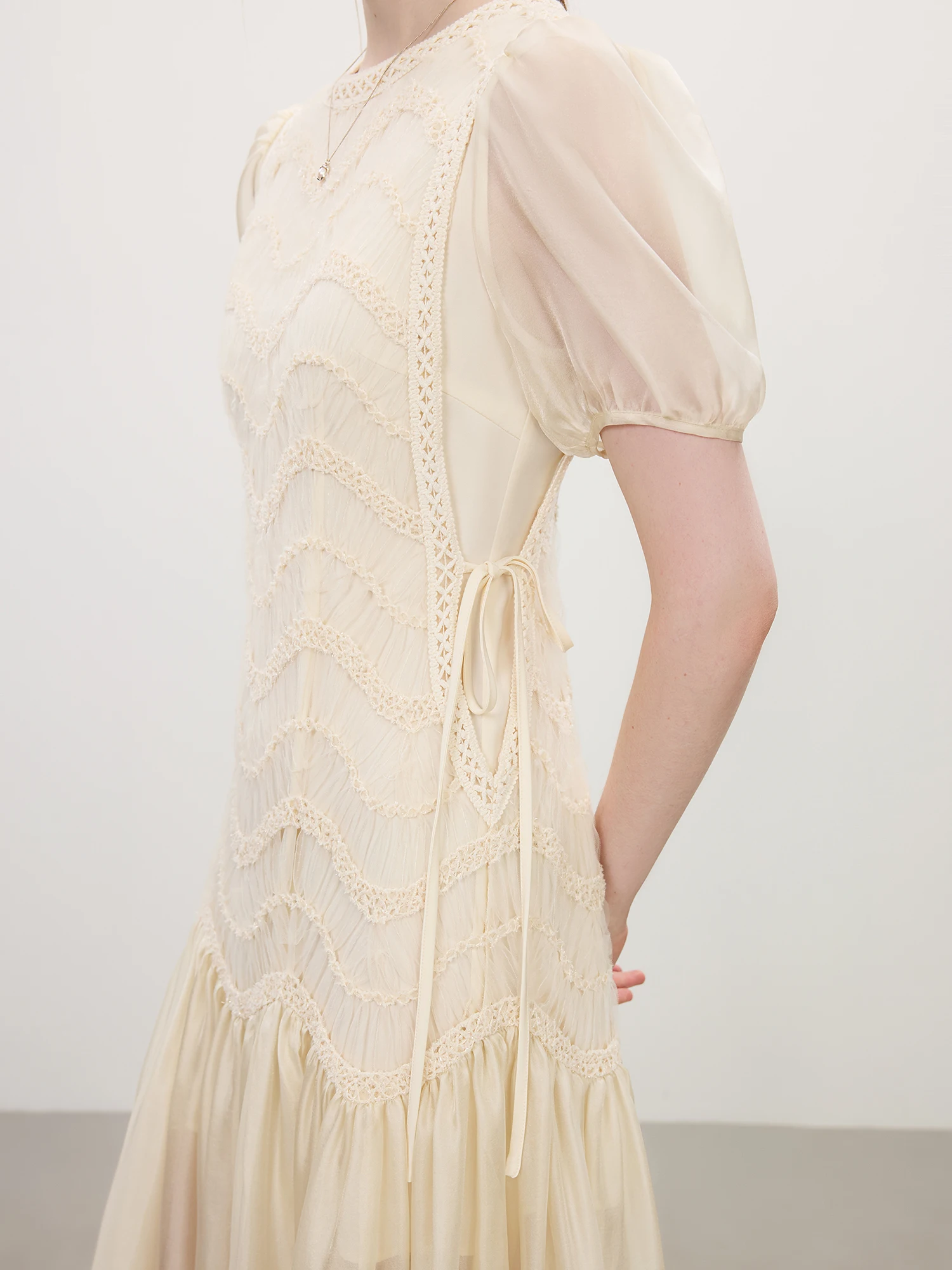 FSLE 2025 Summer Women's Mesh Embroidery Dress Hollow Out Splicing Bubble Sleeves Waist Tie Y2K Trendy Boho Chic 25FS12832