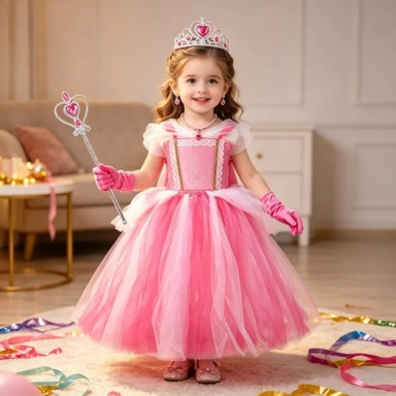 

Girls' Princess-style Long Pink Dress, Children's Day Fairy Tale Costume,Comes with Exquisite Accessories, Festival Party Outfit