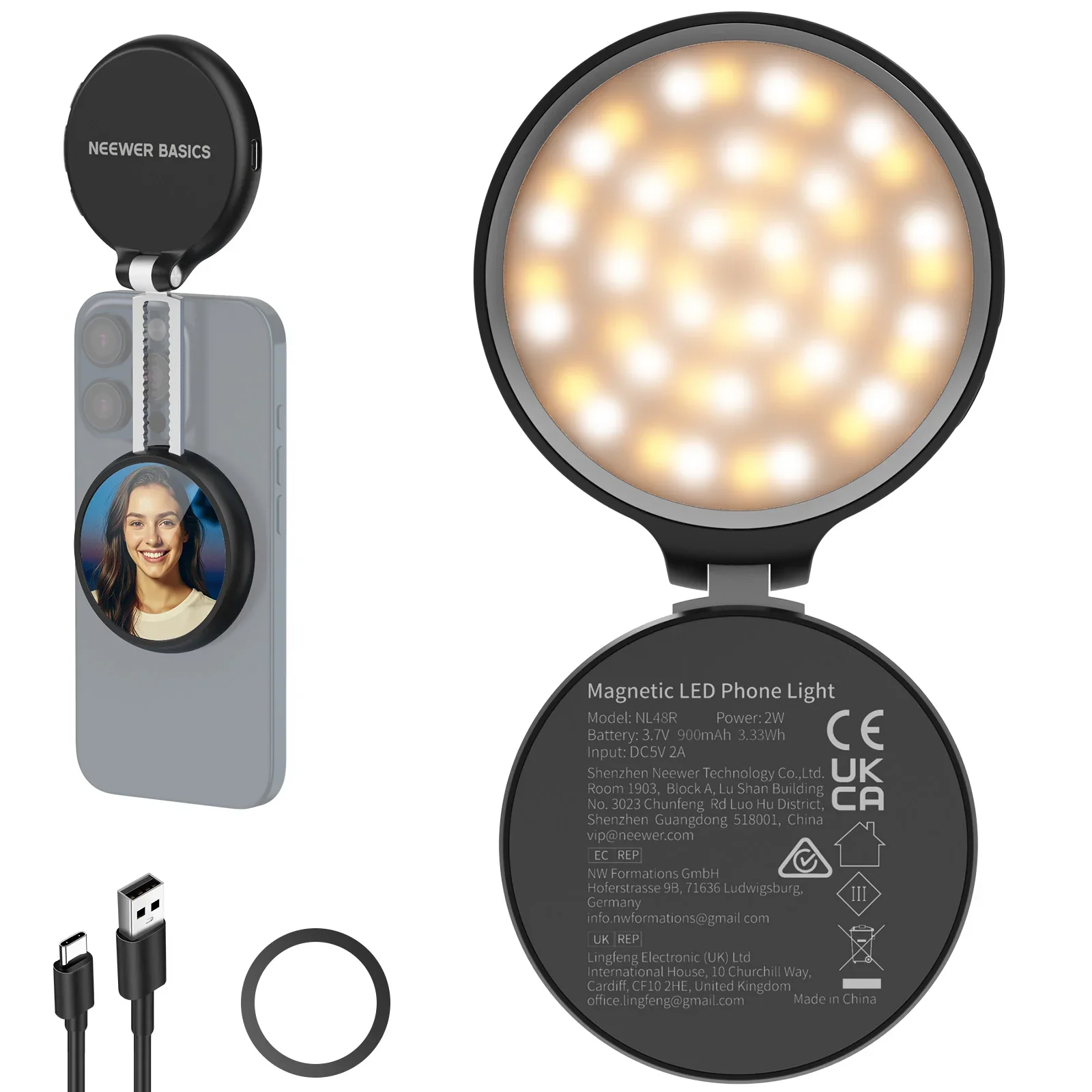 NEEWER BASICS NL48R Magnetic LED Selfie Light, Portable Fill Light for Makeup Vlog Live Streaming