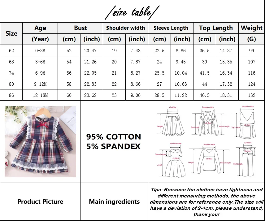 Autumn Winter 2023 Girls Infant/Toddler Long Sleeve Dress Plaid Lace Cotton Cute Casual Children\'s Outfit