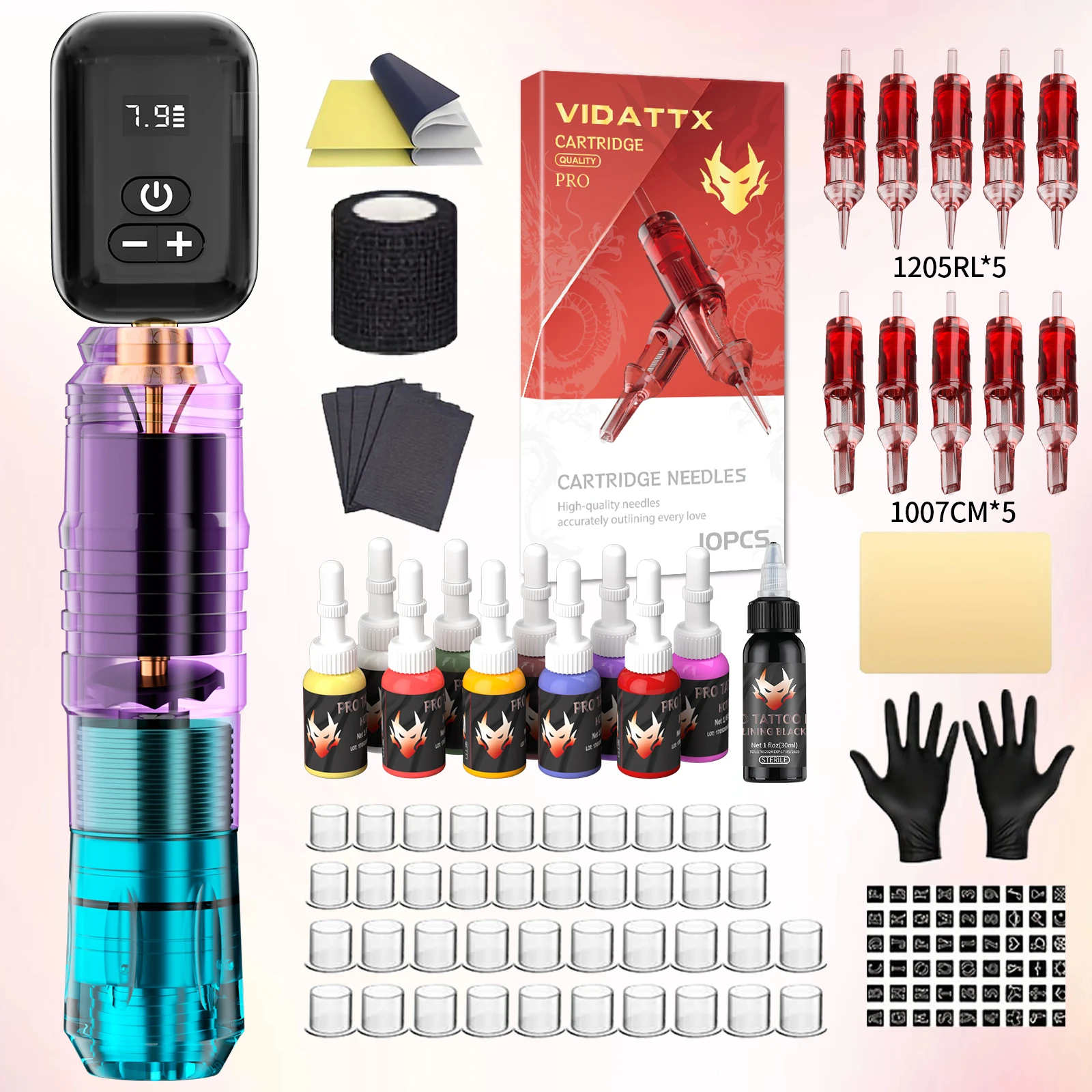 

Набор для татуировки VIDATTX, 10 шт., красные иглы для татуировки, набор ручек для татуировки, новый градиент цвета, беспроводной источник питания для татуировки, комплект тату-машины