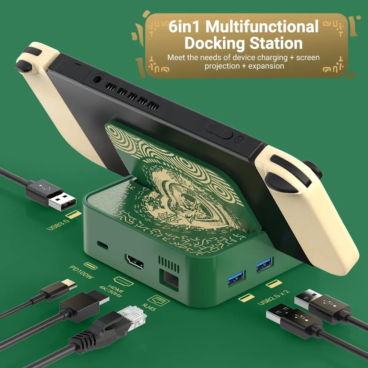 תחנת משחקים USB-C Hub 6 ב-1 עם מתאם מרובה יציאות עם HDMI, USB, RJ45 100M, ממשק טעינה PD מושלם ל-Nintendo Switch