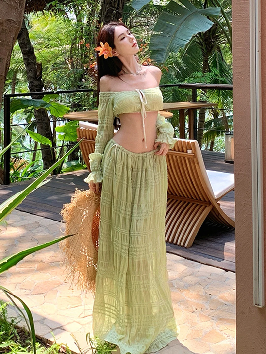

Summer Beach Vacation Style One Shoulder Top Half Skirt Two Piece Set Comfortable Warm mid Stretch High Waist Pure Color