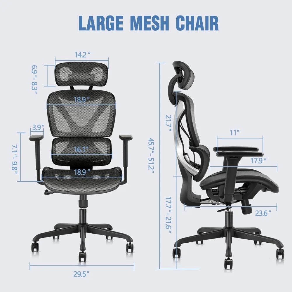 GABRYLLY Ergonomischer Bürostuhl, großer und hoher Netzstuhl mit Lordosenstütze, verstellbare 3D-Arme, Liegestuhl, Kopfstütze und groß