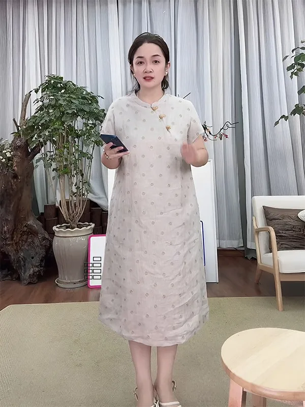 

Элитное женское летнее платье Han Haax с вышивкой, в горошек, с коротким рукавом, из мягкого льна, свободного кроя, А-силуэт, с юбкой