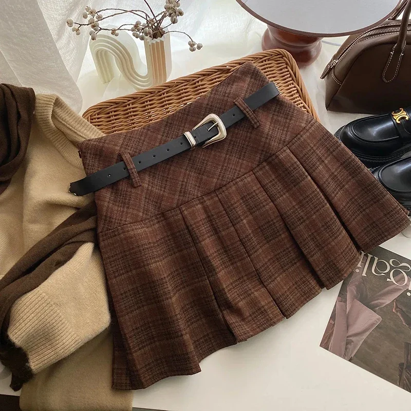 Faldas plisadas Vintage a cuadros con cinturón para mujer Y2K Otoño Invierno falda acampanada coreana combinable con todo Minifalda informal de cintura alta E10855