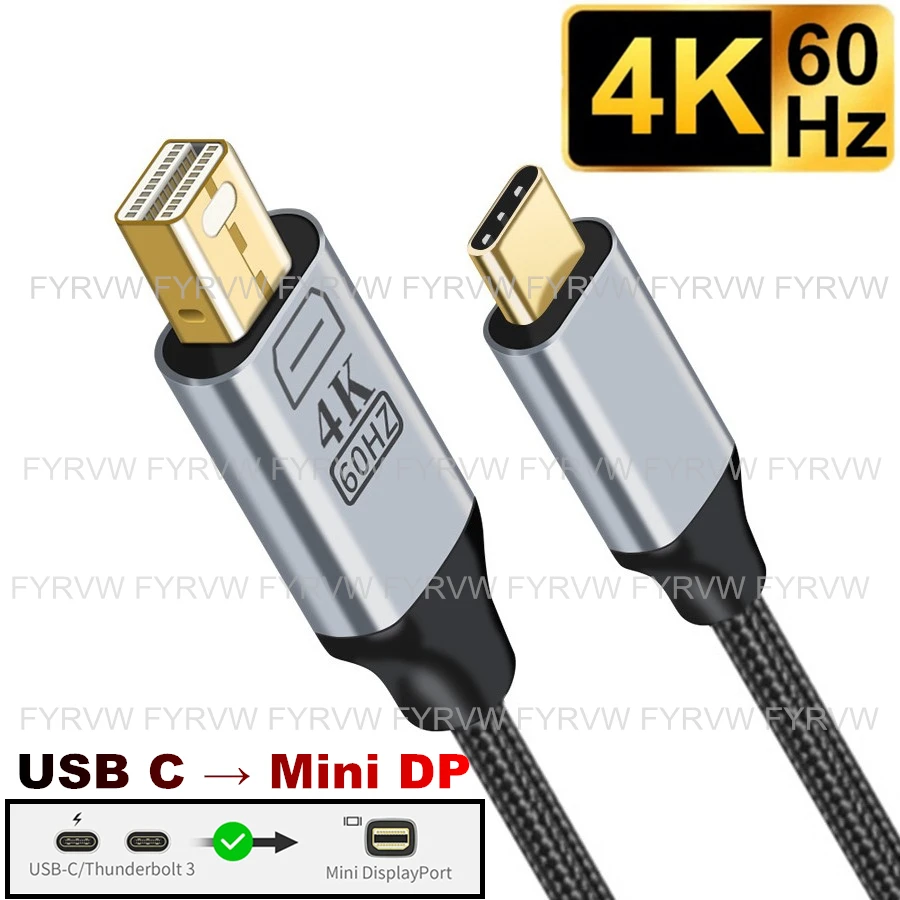 USB C to Mini DisplayPort 4K@60Hz Thunderbolt 3 to Mini DP Cable for MacBook Air Pro 2022-2016 Type C Surface to iMac Mini DP