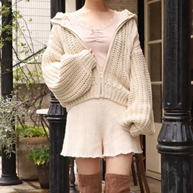 Knitted Women's Loose Fitting Casual Sweet Cute Style Autumn and Winter New Hooded Bubble Sleeve Zippered Jacket Sweater Casual