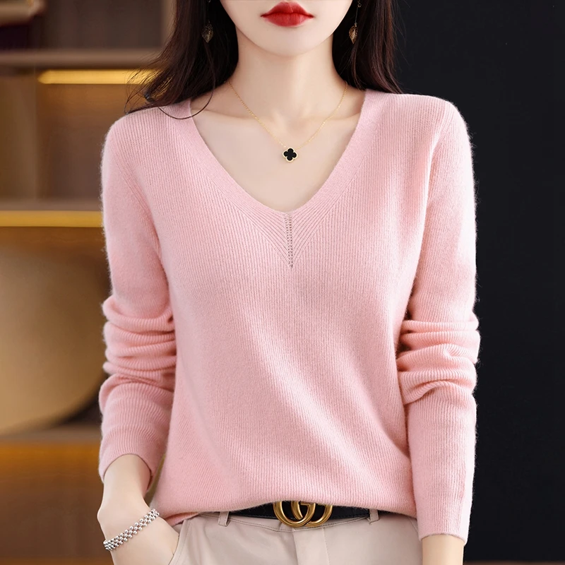 Autumn Winter Women Wool Blend Sweater Slim Fit V-neck Pullover Casual Knitted High Elasticity Tops Female Soft Basis Sweater