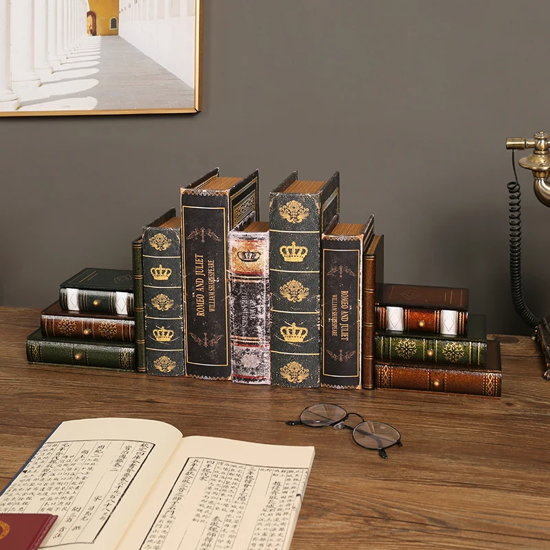 Bookend ornament, study shelf ornament, wooden retro fake book simulation, book file, book stand storage box decoration