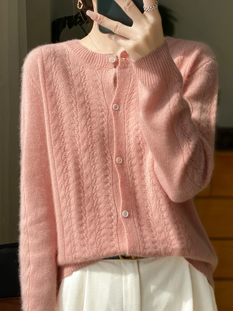 100% pure cotton cardigan spring women\'s new O-neck hollow loose and slimming cashmere sweater knitted thin