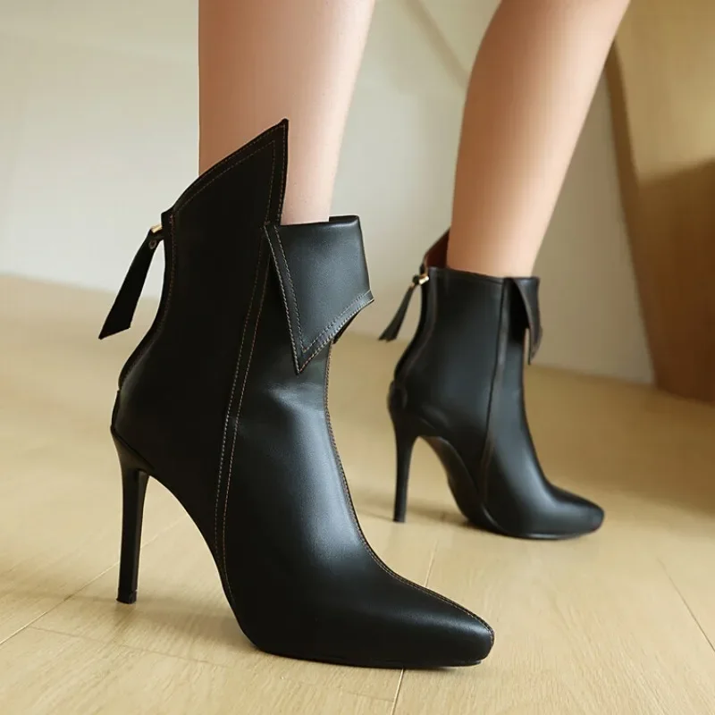 New Irregular Design Leather 10cm High-heeled Short Boots Pointed Back Zipper Black/white Winter Short Plush Ankle Boots 35-43