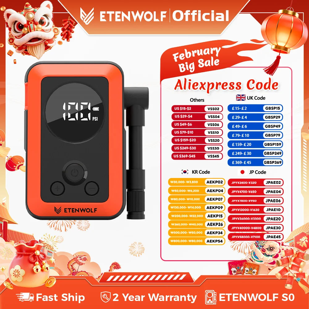 

ETENWOLF S0 Electric Bik Pump, Rapid Inflation, 150PSI 2400mAh Powerful & Portable Air Pump for Car Tires, Mmount Bikes