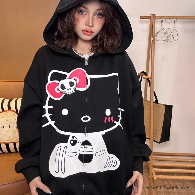 Sanrio Hello Kitty Clothes Y2k Couple Loose Sweatshirts Women Cartoon American Style Hoodies Cute Zip Up Jacket Female Trend Top