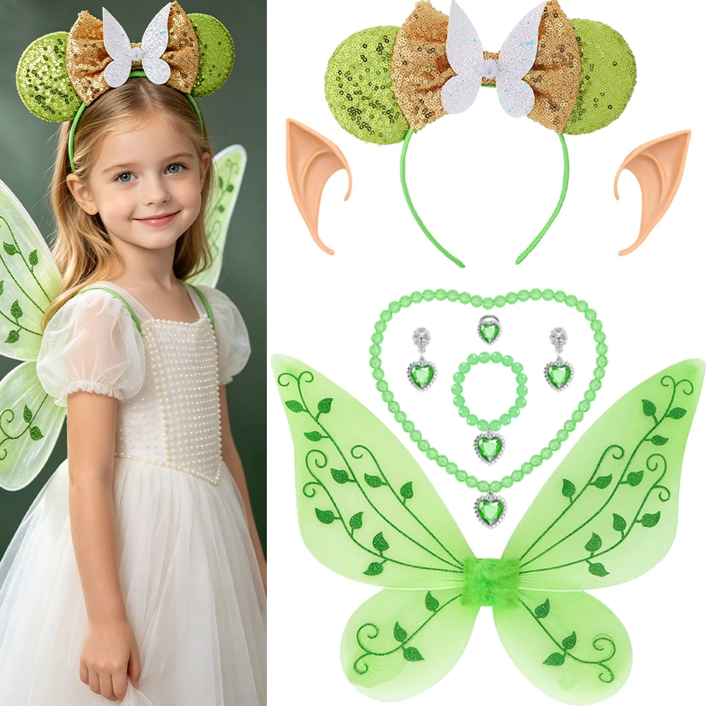 Girls Green Fairy Cosplay Props Kids Butterfly Wings Headband Necklace Bracelet Earrings Halloween Christmas Party Set
