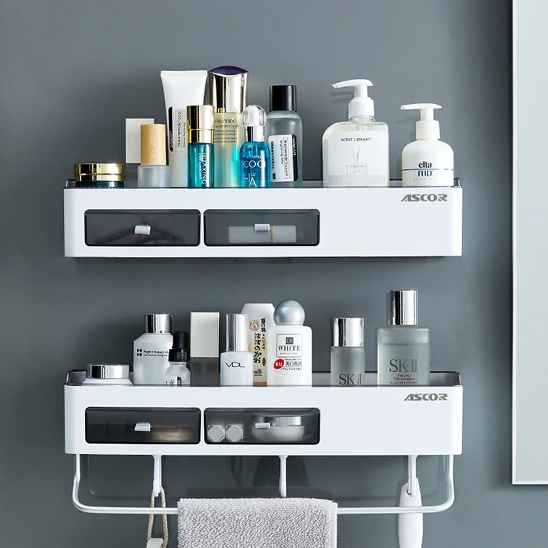 Wall-Mounted Punch-Free Bathroom Shelf Shampoo Cosmetic Towel Storage Rack Shelf For Kitchen Household Bathroom Accessories