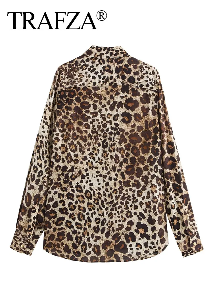 TRAFZA Summer Female Elegant Turn-down Collar Leopard Printed Shirt Women's Single-Breasted High Street Long-Sleeved Shirt Mujer