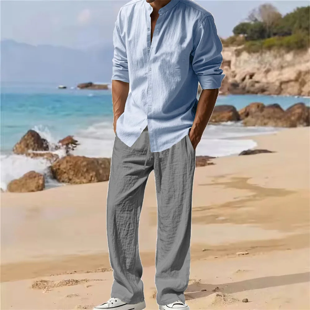 

Men's Spring Summer Sets Solid Color Beach Style Casaul Lightweight Breathable Vacation Hawaii Outfit Male Basic Suit