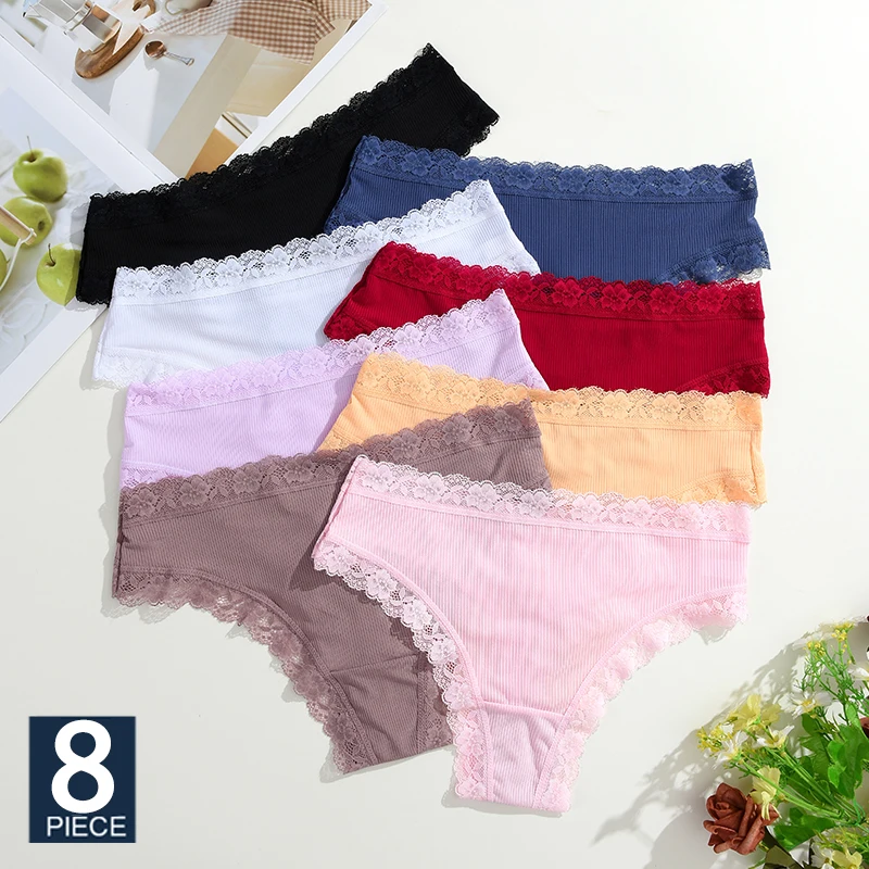 

FINETOO 8 шт./компл. контрастные кружевные трусики с цветочным принтом в рубчик, стринги со средней талией, женские трусики, дышащее нижнее белье для девочек, нижнее белье S-XXL