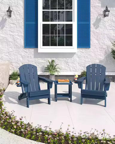 Folding Adirondack Chair With Cup Holder, All-Weather HDPE Patio Chair, Wood Textured 380lb Deck &amp; Garden Chair