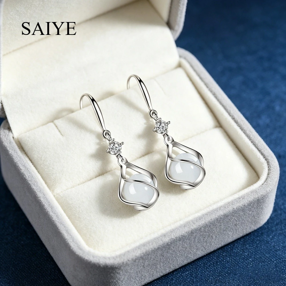 925 Sterling Silber Opal Katzenauge-Stein Tropfen-Ohrringe für Frauen Elegante Spiralförmig Gewickelte Weiße Edelstein-Hängeohrringe Schmuck