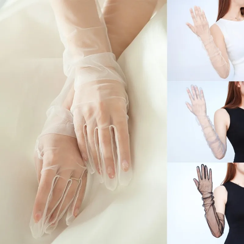 Women Transparent Thin Lace Elegant Tulle Long Gloves Mesh Gauze Sexy Wedding Party Summer Lace Ladies Prom Dress Gloves