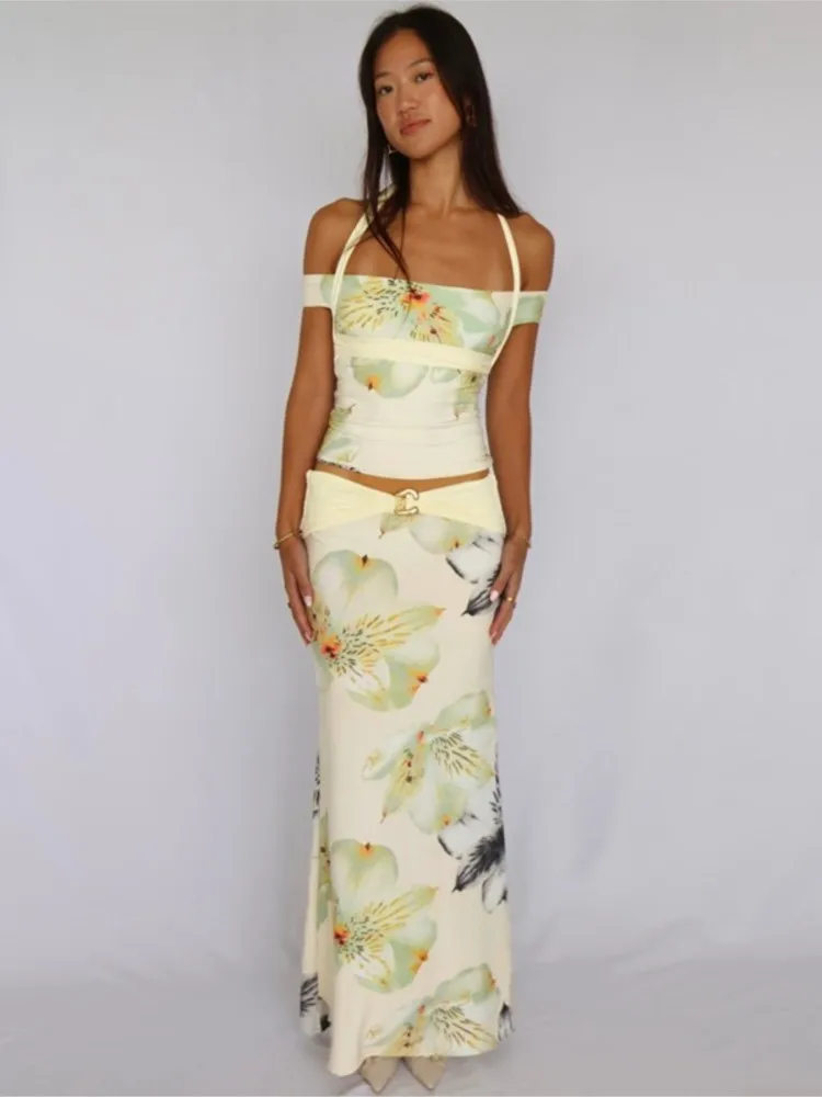 موضة تنورة غير رسمية 2 قطعة مجموعة للنساء 2025 الخريف مثير عارية الذراعين الرسن الرقبة توب سليم مطبوعة تنورة طويلة قطعتين مجموعة