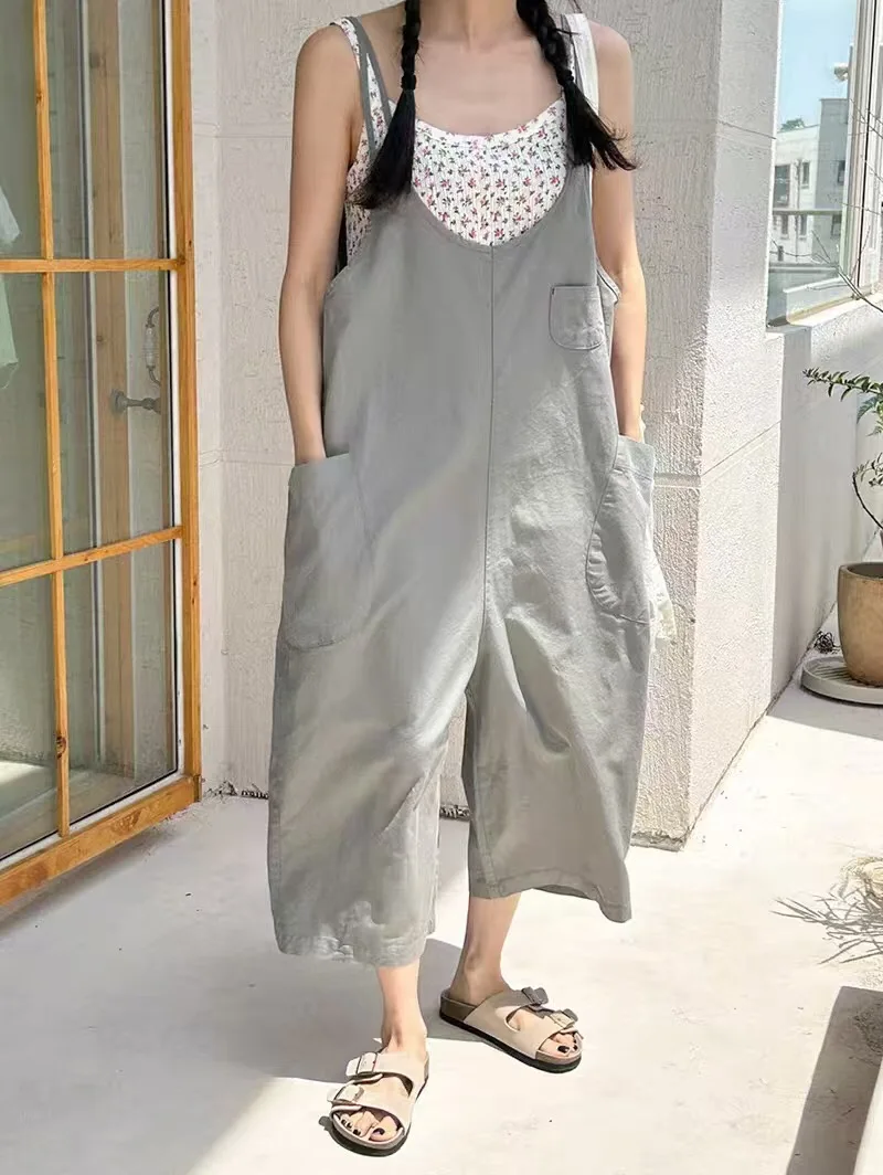 

Стильные свободные женские брюки-комбинезон с большими карманами, широкими штанинами, модные, для многослойных образов, повседневные, хлопковые