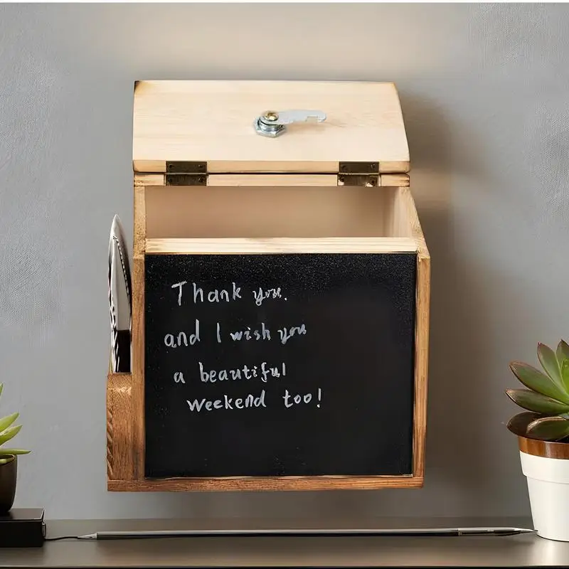 Wood Suggestion Box Wall-mounted Mail Ballot Box Vintage Donation Box with Slot and Lock Chalkboard Collection Box for School