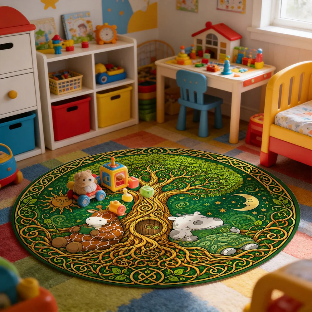 Whimsical Forest Friends Tree Life Circle Area Rug for Nursery Kids Playroom Boho Bohemian Decor