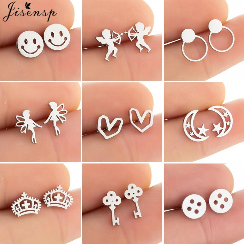 Lustige lächelnde Gesicht Ohrringe für Frauen Schmuck Mini Edelstahl Mode Ohr stecker Herz Fee Schlüssel Krone Ohr stecker pen dientes