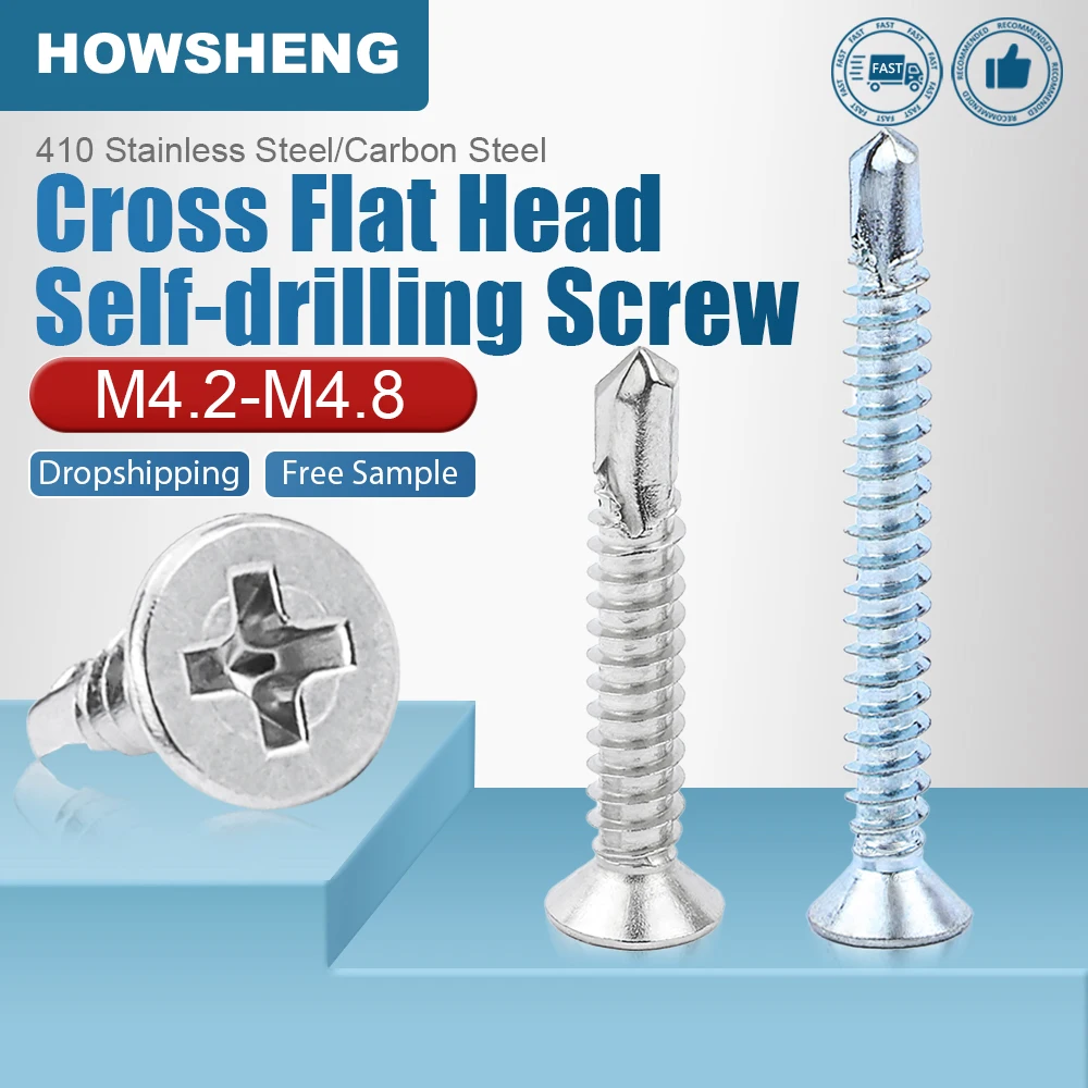 HOWSHENG 30/60pcs Cross phillips flat head self drilling screw M4.2 M4.8 410 stainelss steel zinc plated hardiflex screw