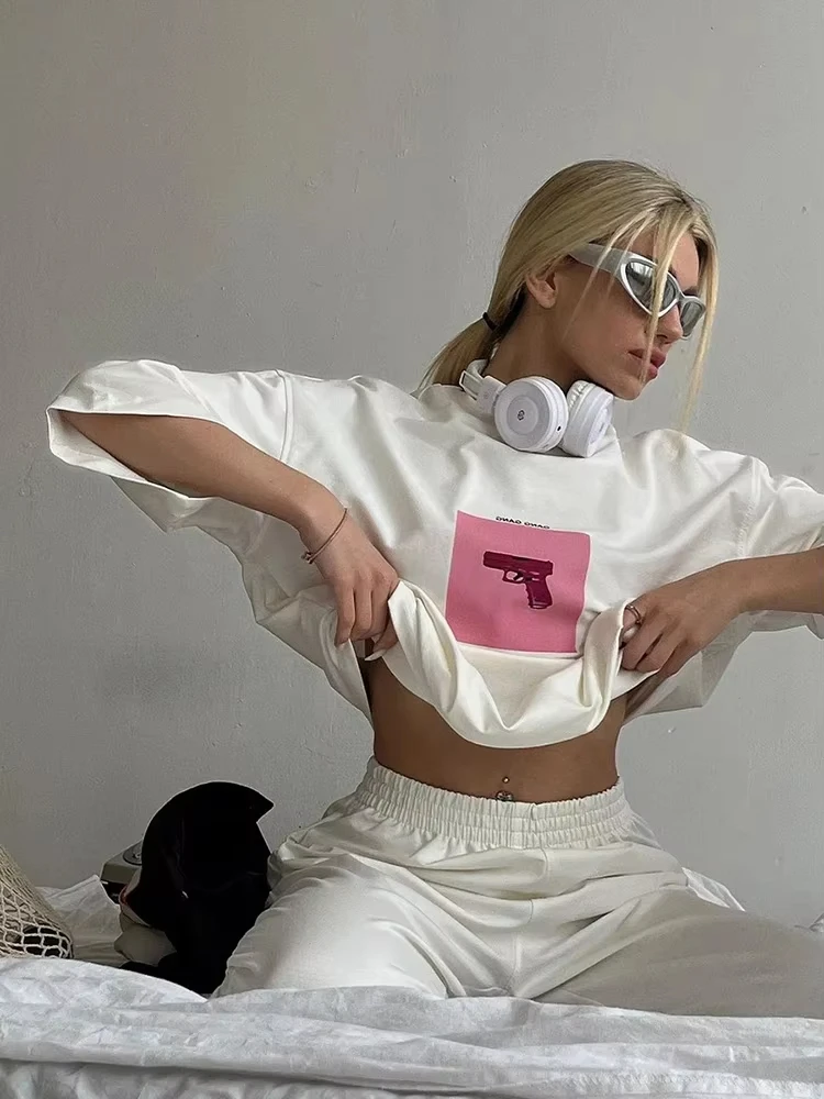 

Hirsionsan, женская футболка большого размера с графическим рисунком, лето 2025, хлопковые футболки с круглым вырезом и короткими рукавами, женская повседневная свободная футболка Higt Street Top