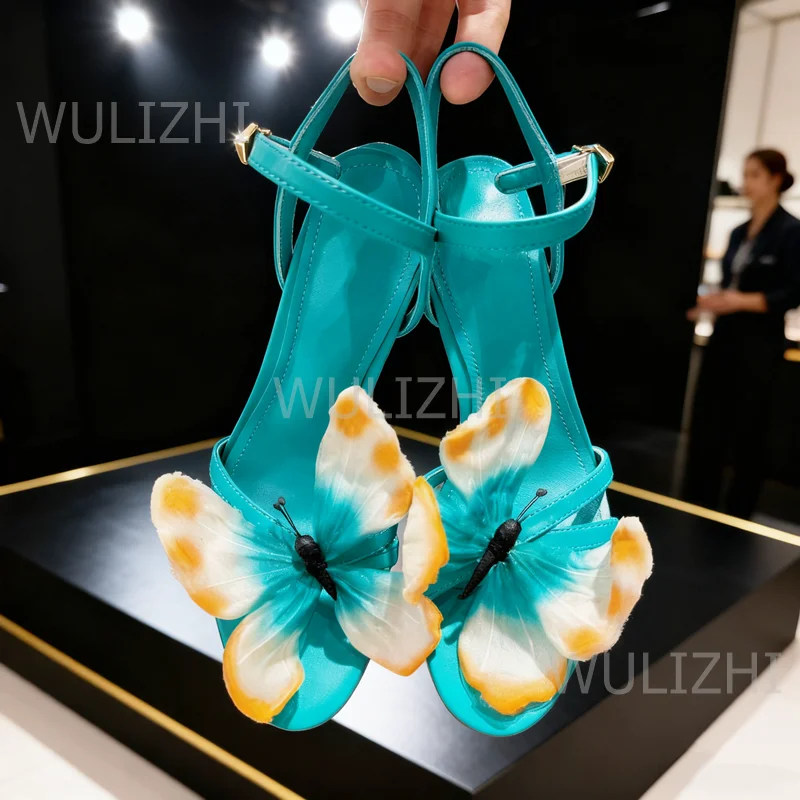 

Blue Leather Colorful Butterfly Sandals Women Stiletto Heels Yellow Buckle Bright Red Flowers Open Cute Girl Slingback Shoes