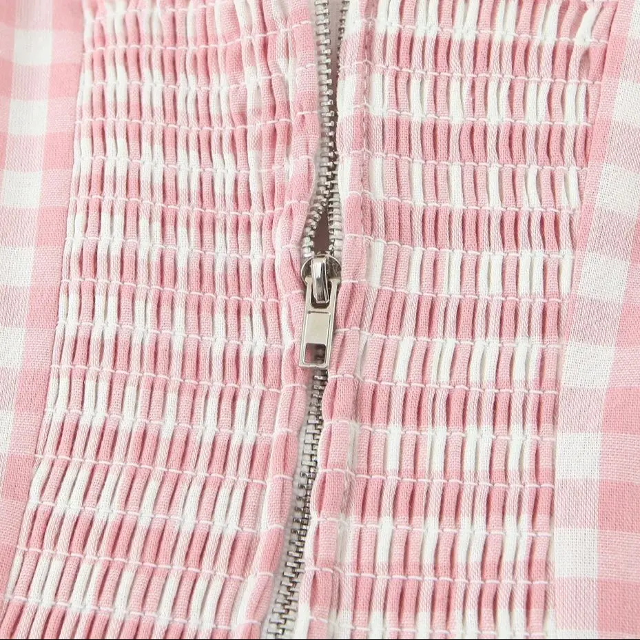 2025 Sexy Rosa Weiß Plaid Slash Kragen Tank Kleid Frauen Schlank Niedrige Taille Falten Rüschen Saum Midi Lange A-linie Swing kleider Robe