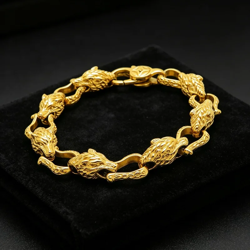 Stainless Steel Handcuff Wolf Head Charm Bracelet Bangle For Men Chunky Bike Link Chain Homme Bracelets Jewelry Accessory