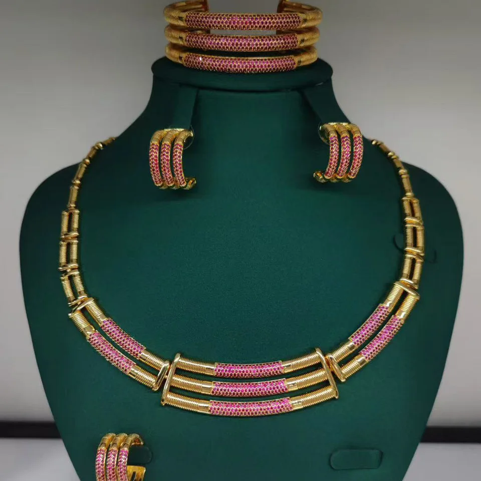 Zlxgirl Dubai Gold plated necklace earring bangle ring jewelry sets for women wedding CZ zircon bridal bijoux